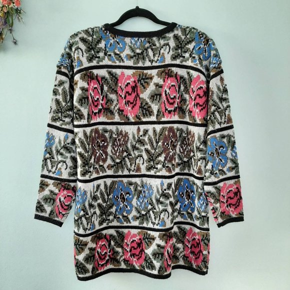 Vintage Cervelle Wool Blend 80s Floral Stripe Knit Oversize Tunic Length Sweater - Picture 3 of 6